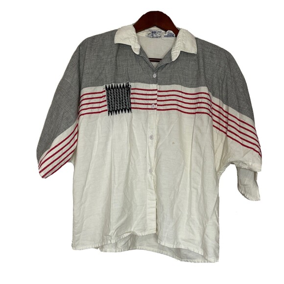 Vintage Angelique White Red Gray Stripe Button Front Women's Blouse Shirt Large - Picture 1 of 7